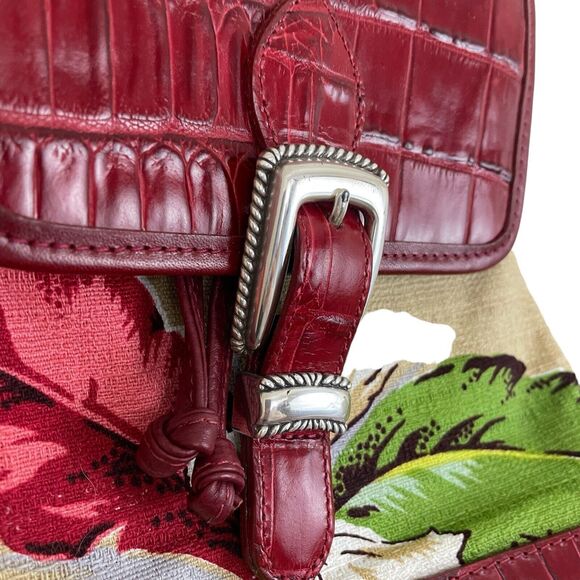 Vintage Brighton Monica Backpack Red Embossed Leather Fabric Leaf Design